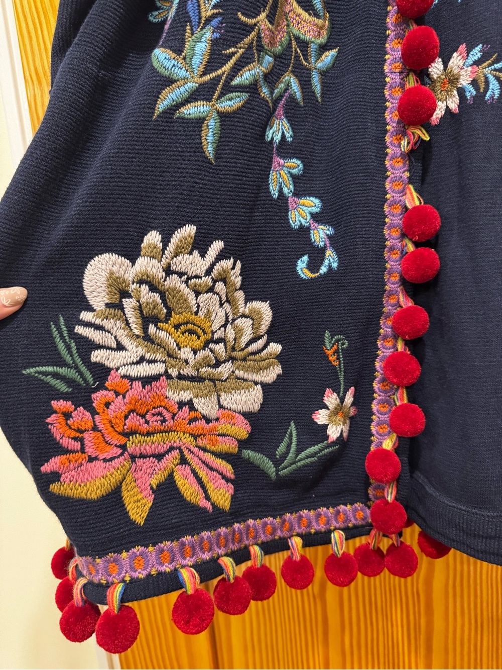 Johnny Was Navy Embroidered Kimono Cardigan with Red Pom Accents - Picture 7 of 11